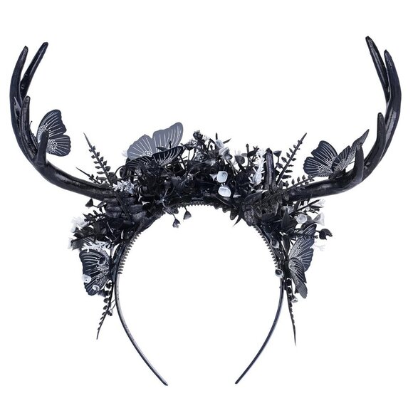 Black Deer Antlers Headband Gothic Reindeer Horns Elf Crown for Women Girls